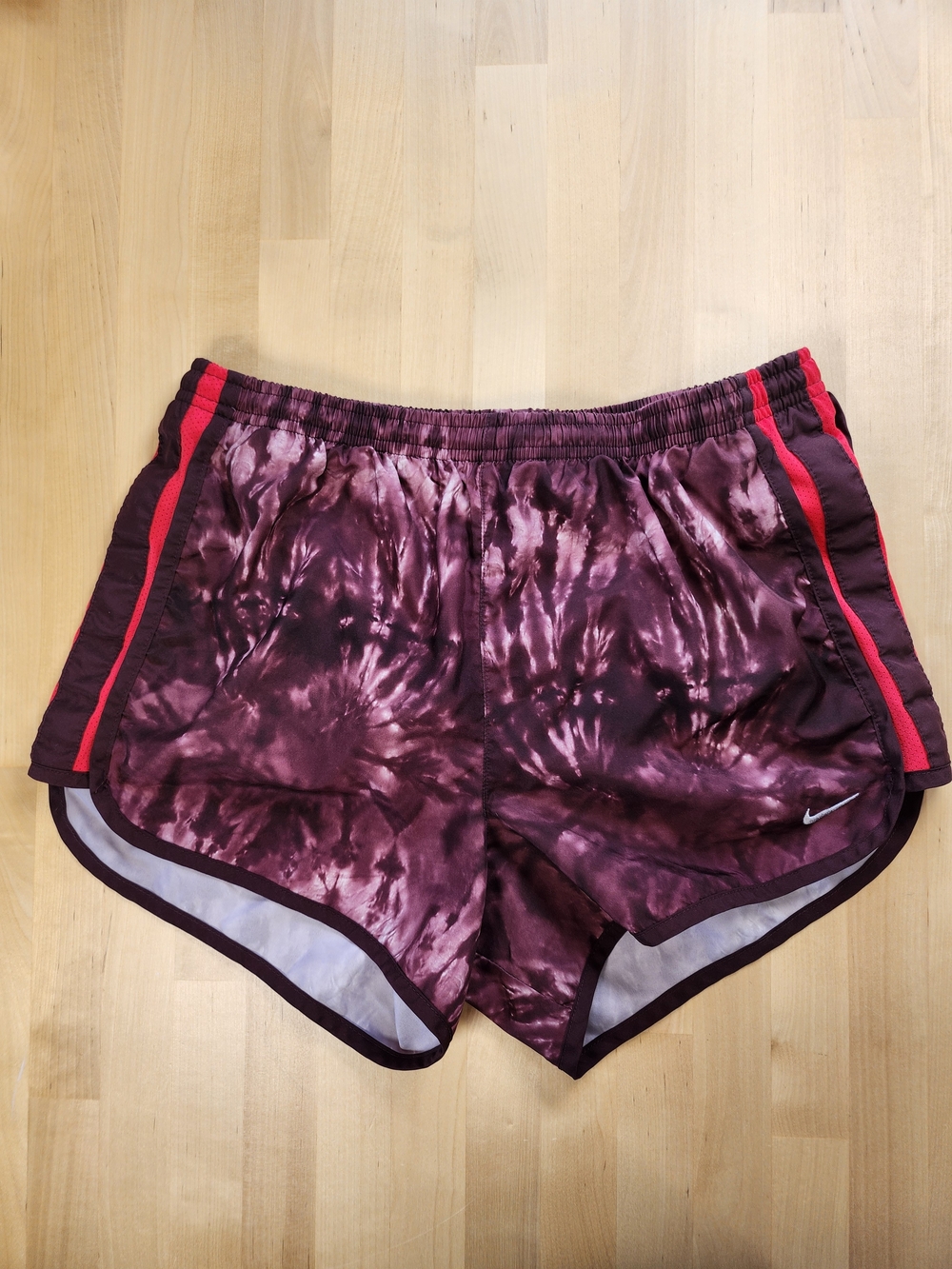 Nike Women's Maroon Tie-Dye Running Shorts with Red Trim
